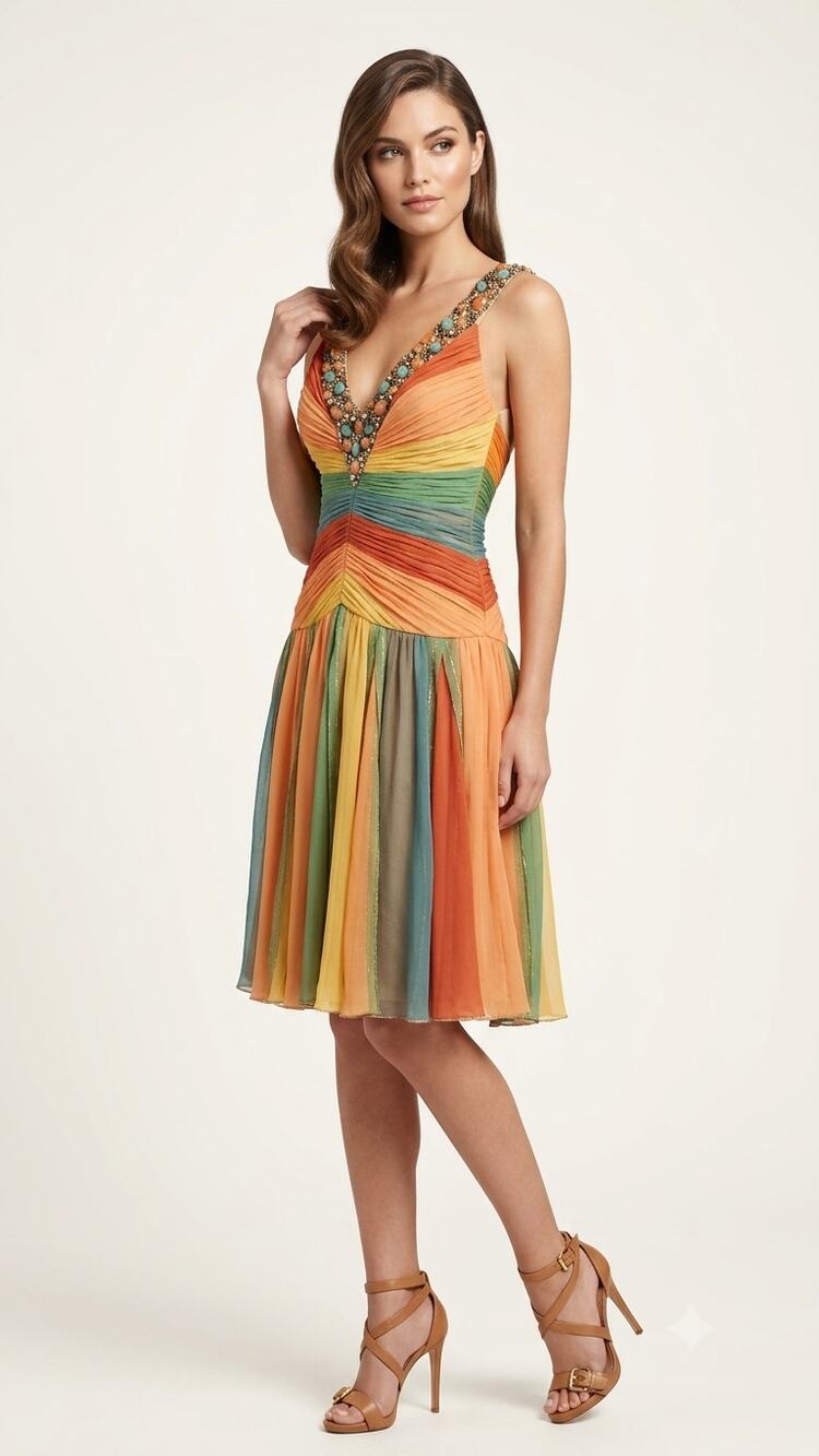 Mandalay Y2K Silk Beaded V-Neck Knee Length Cocktail Dress, 6, Multi Sunset Rare